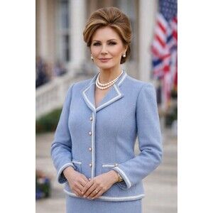 Vtg Castleberry Knit Cardigan Blazer L Blue Pearl Buttons Royal First Lady Chic